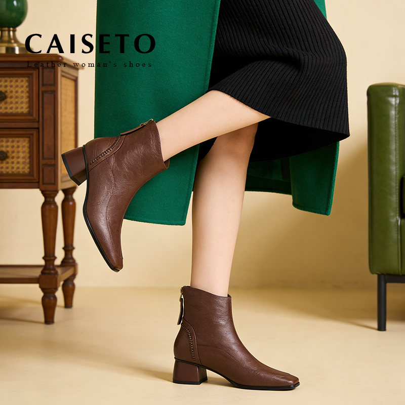 头层羊皮/4cm2025新款复古冬季新款粗跟方头后拉链真皮短靴X014