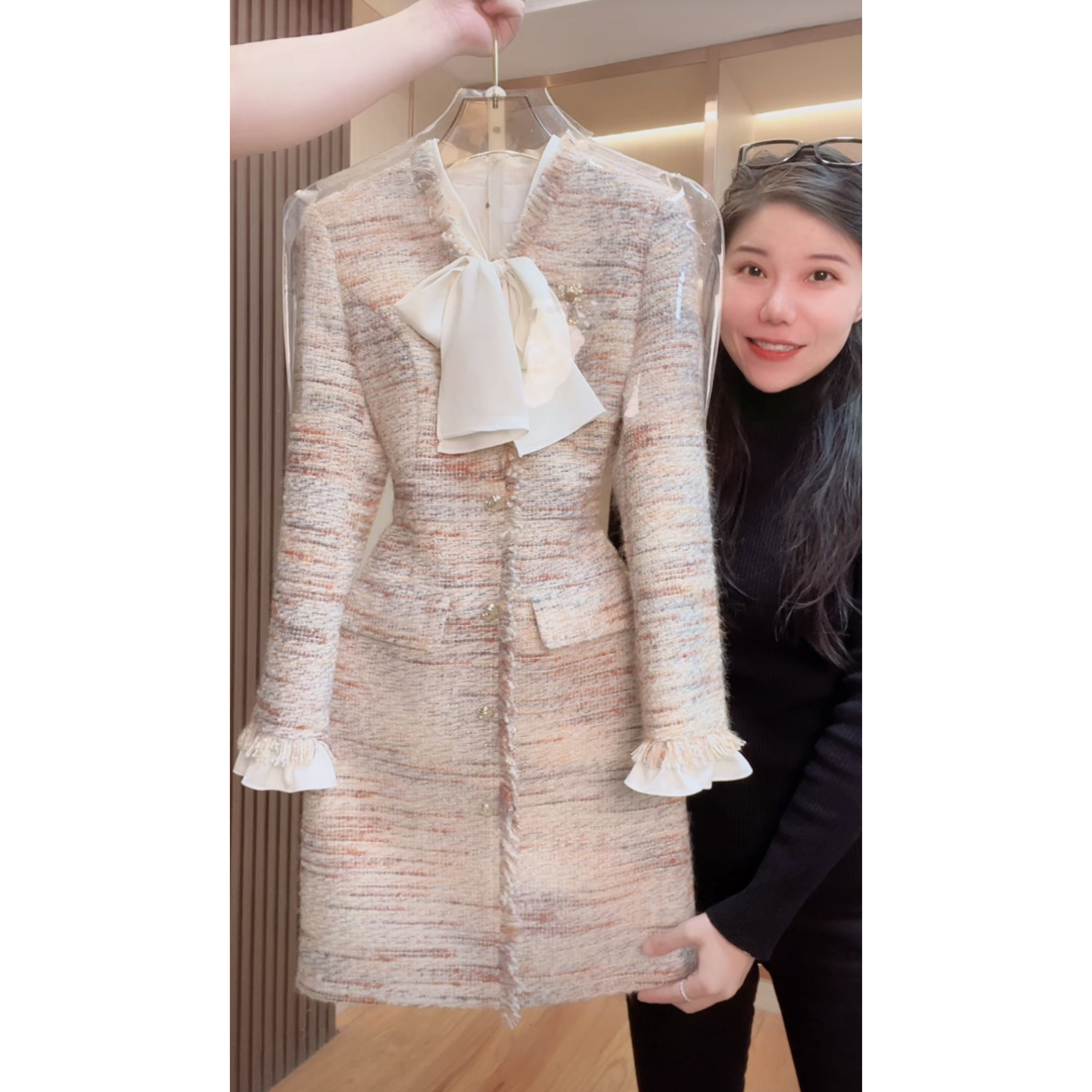 【门店飞】2443囯内设计师品牌女装气质收腰长袖连衣裙