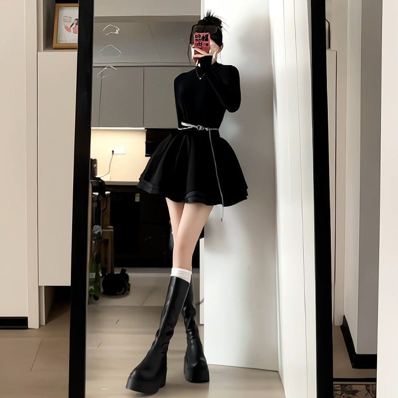赫本风高级感黑色连衣裙子女装冬秋季打底气质千金公主蓬蓬短裙