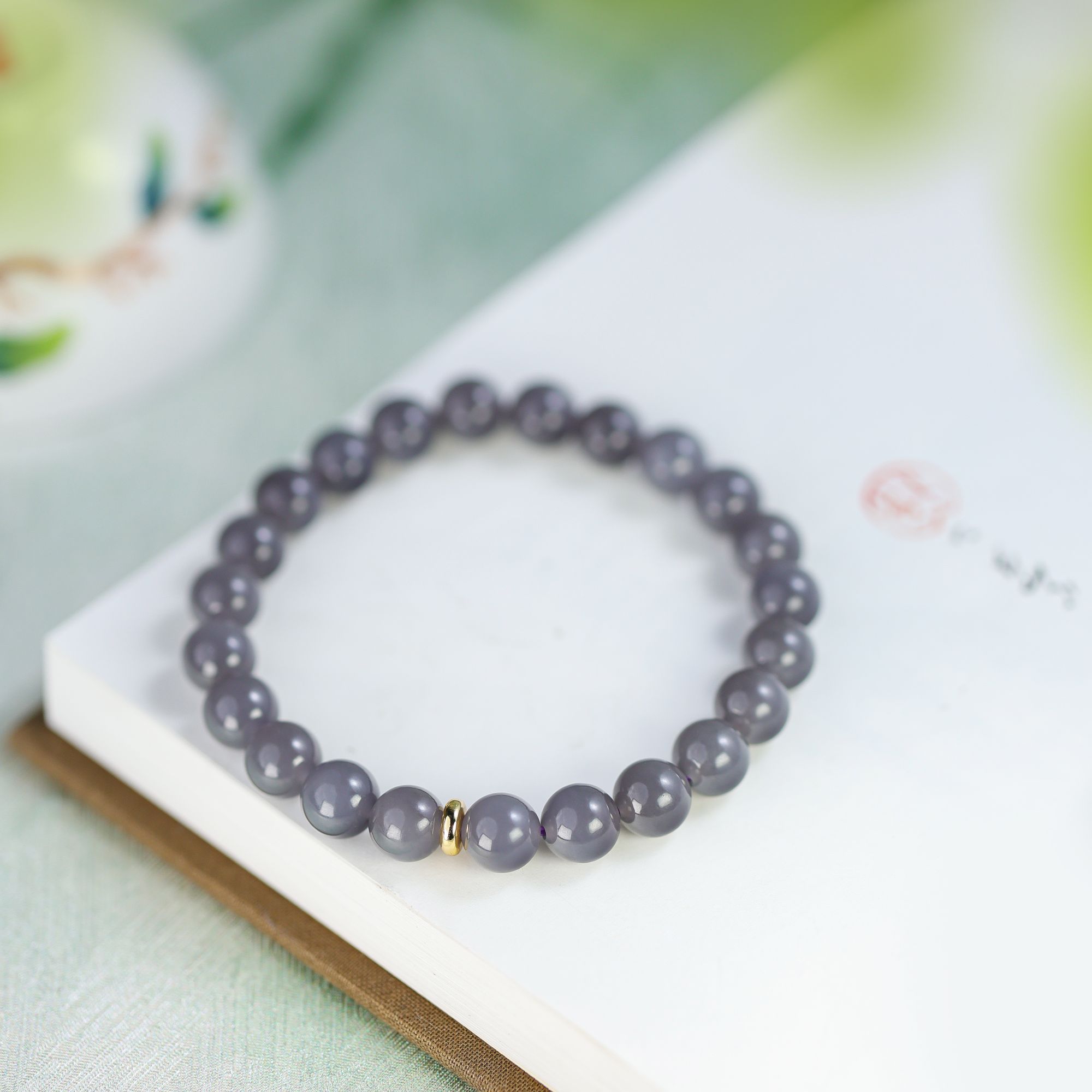 白玉世家和田玉烟紫圆珠手串