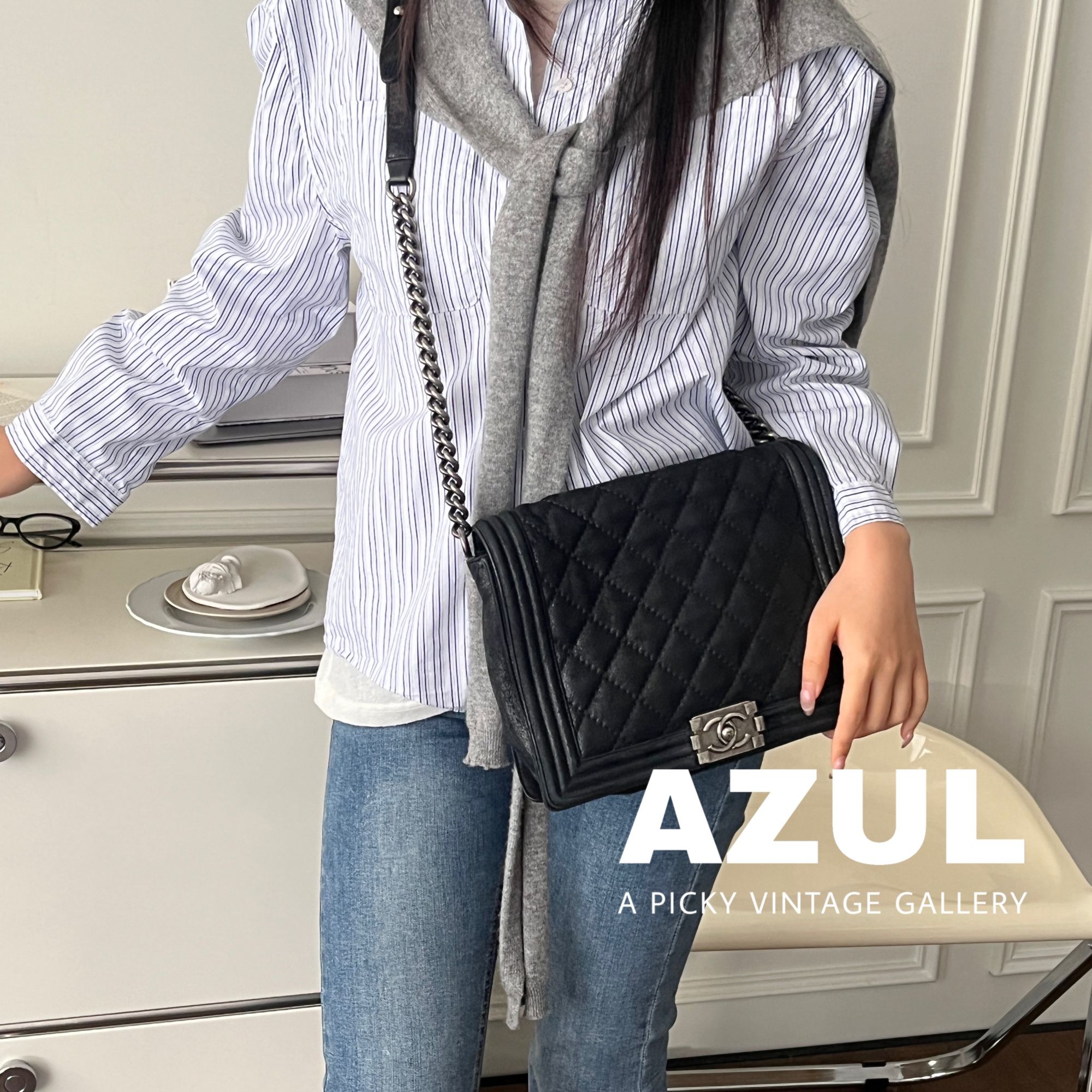 95新 Chanel/香奈儿 Azul-黑银山羊皮leboy老版中大号单肩包37781