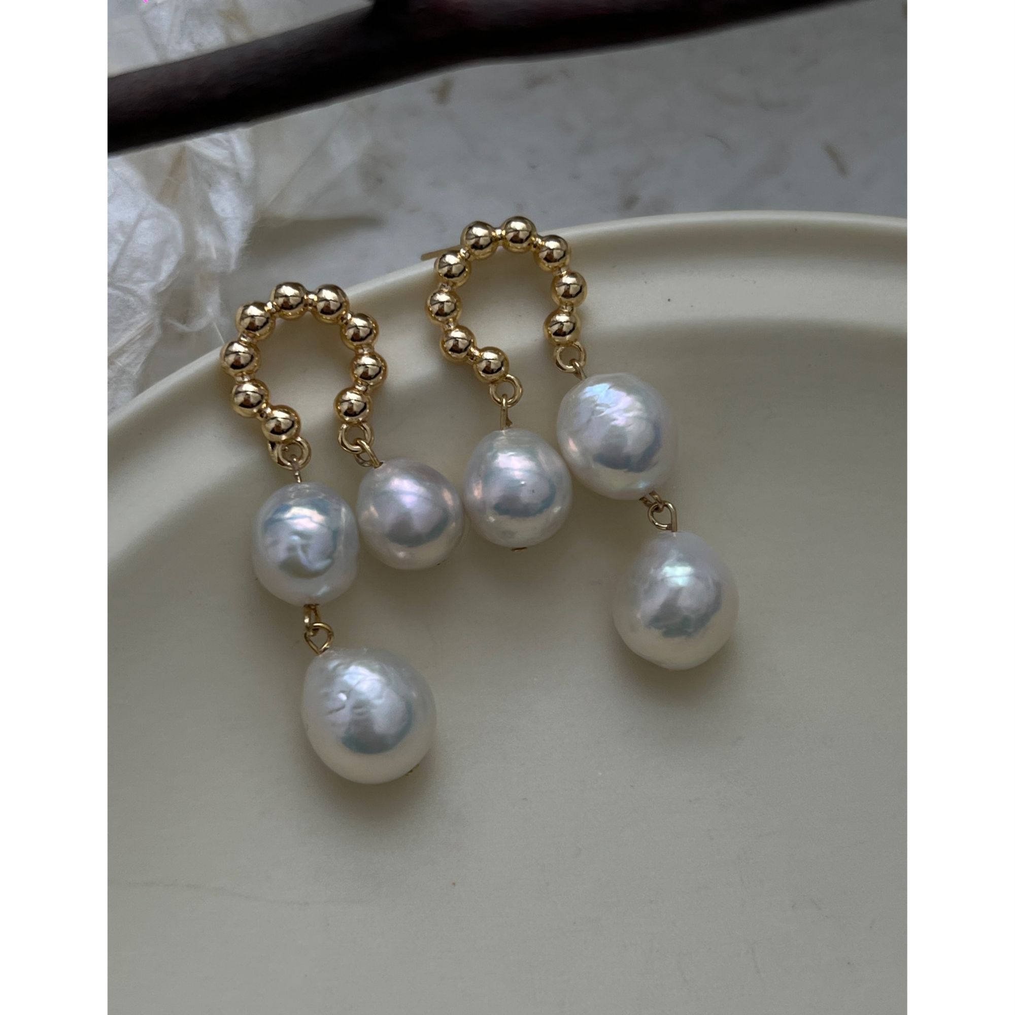 JUNMU天然淡水巴洛克珍珠耳环复古法式气质耳钉小众优雅耳坠