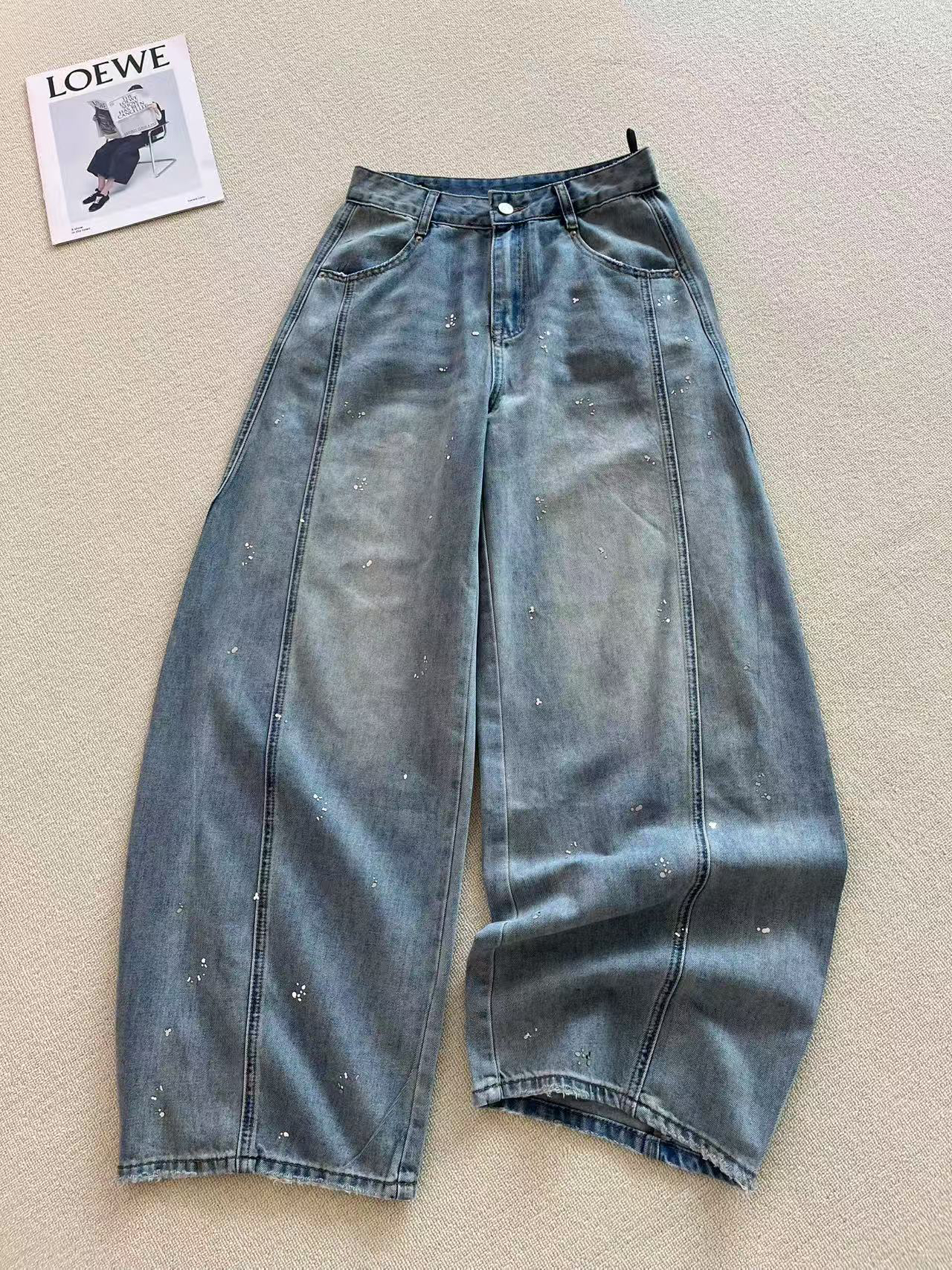 2025新款烫银亮片 做旧浅蓝微弧弯刀牛仔裤