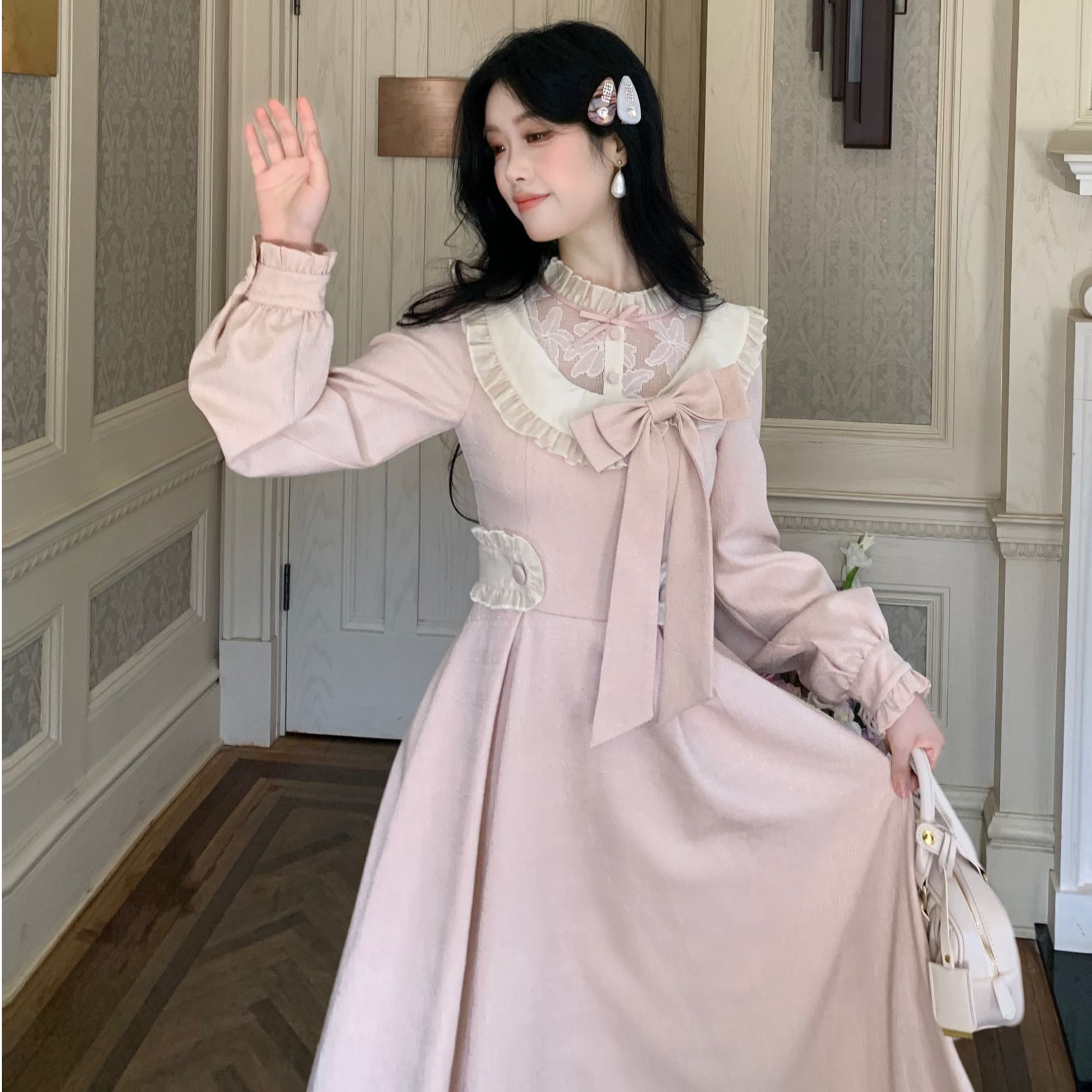 Blovelan柔雾蔷薇 温柔公主小香风蝴蝶结连衣裙