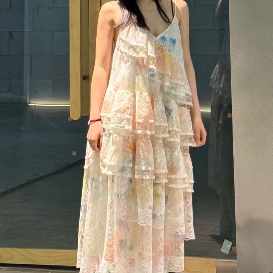 梦幻涂鸦蕾丝蛋糕吊带女士连衣裙女 秋季新款丫丫白日梦系列