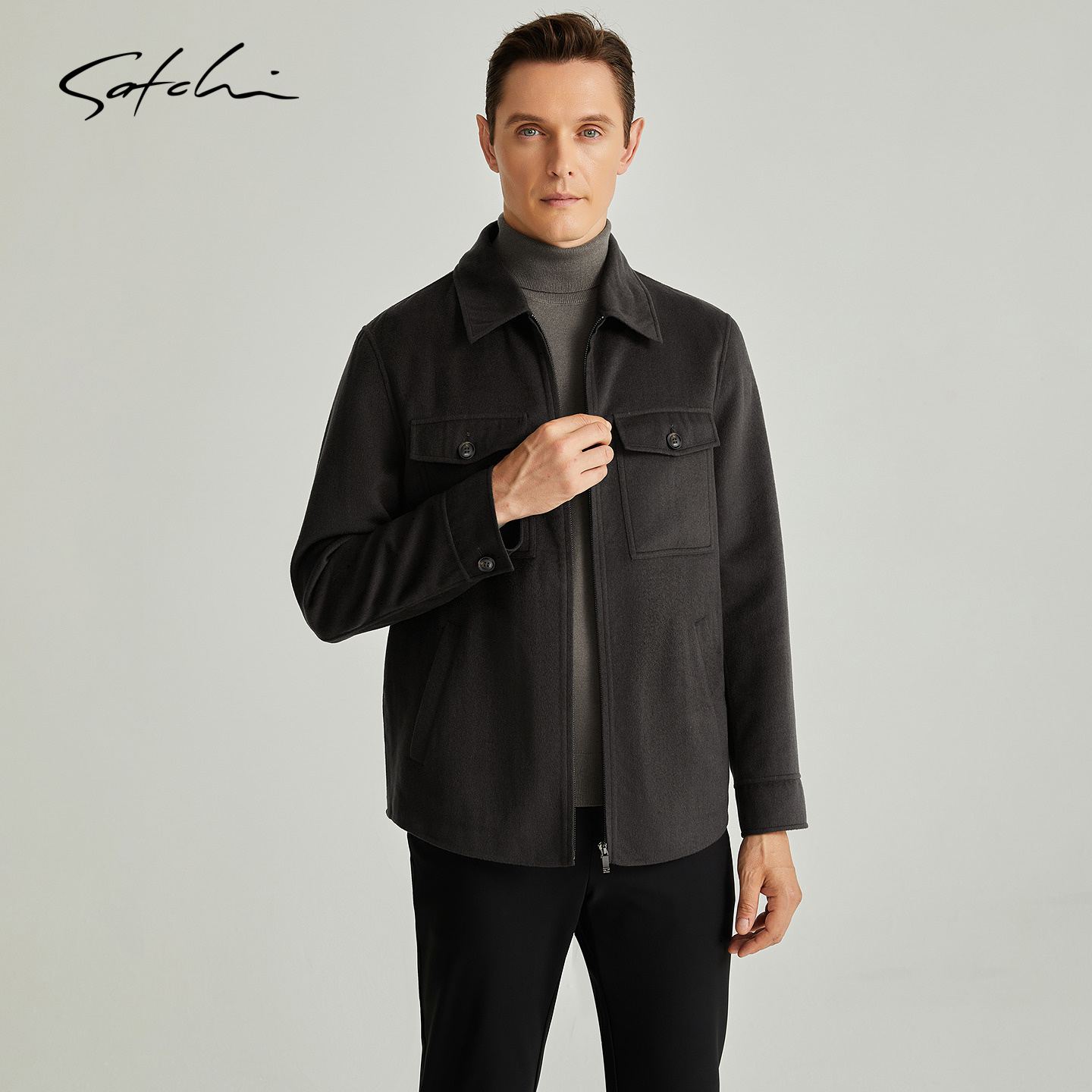 【羊毛桑蚕丝】SATCHI沙驰男装男士毛呢夹克秋季新款短款大衣外套厚
