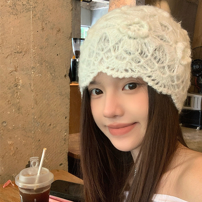 日系甜美蕾丝镂空花朵包头帽女小众文艺时尚百搭手工钩花针织帽子
