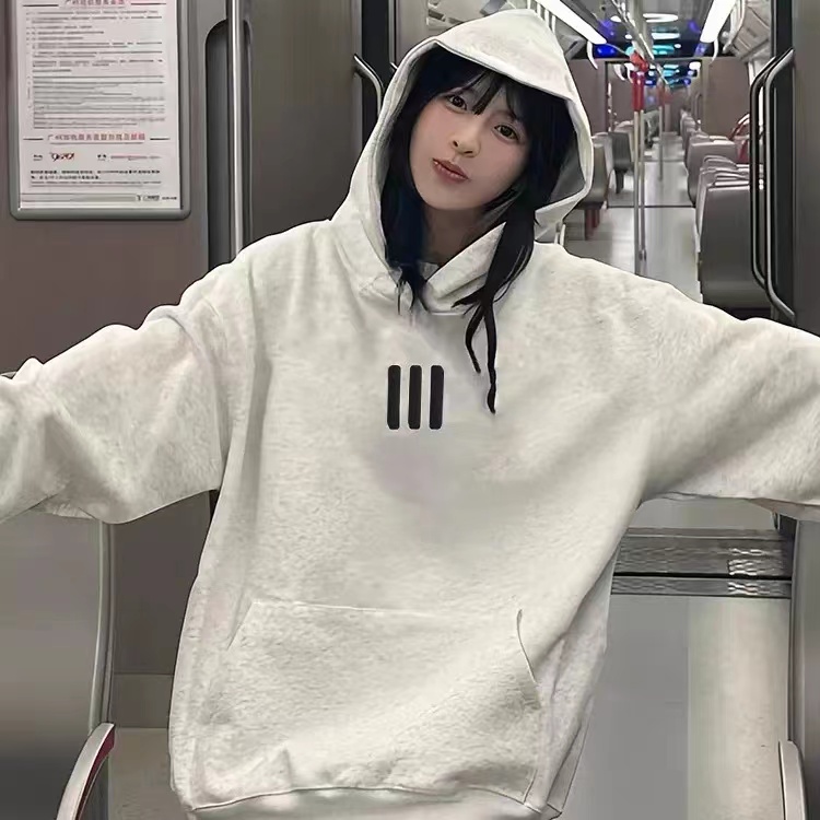 硅胶三条杠情侣印花落肩男女款圆领连帽加绒卫衣秋冬爆款百搭上衣