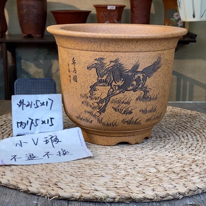 花盆紫砂 微微瑕柴烧精品刻绘奔马图金钟1660