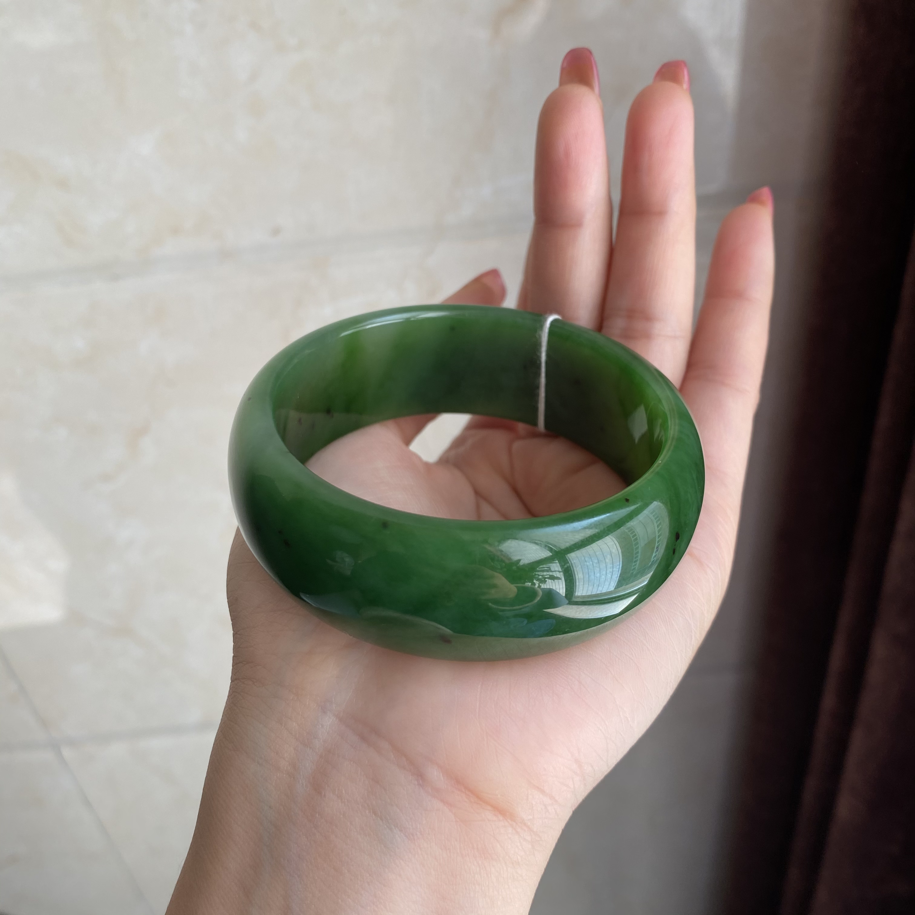 天然和田玉俄料老坑碧玉菠菜绿宽版轮胎镯58.5*22.6*7.5mm
