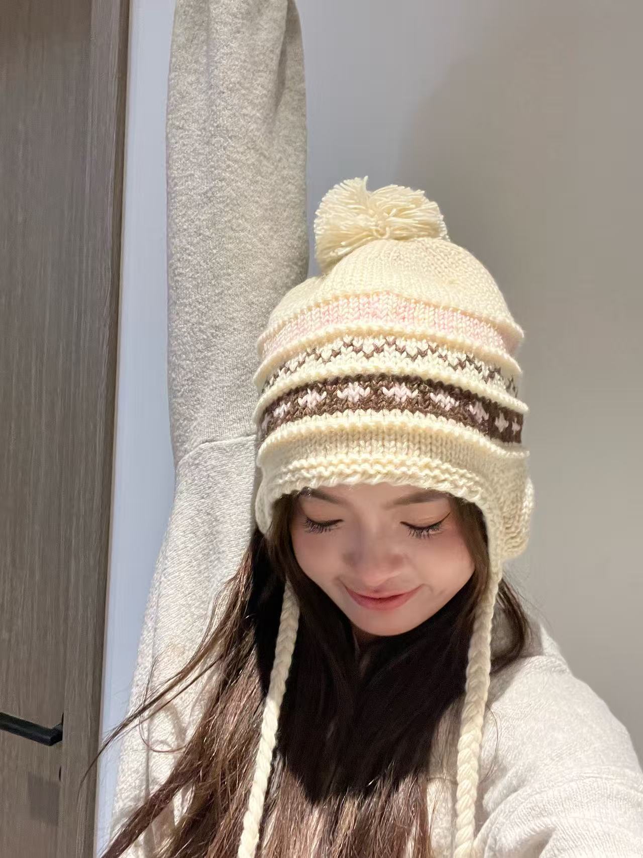 （十十鸭）氛围球球费尔岛帽 加厚加绒抗风保暖秋冬护耳针织帽时尚