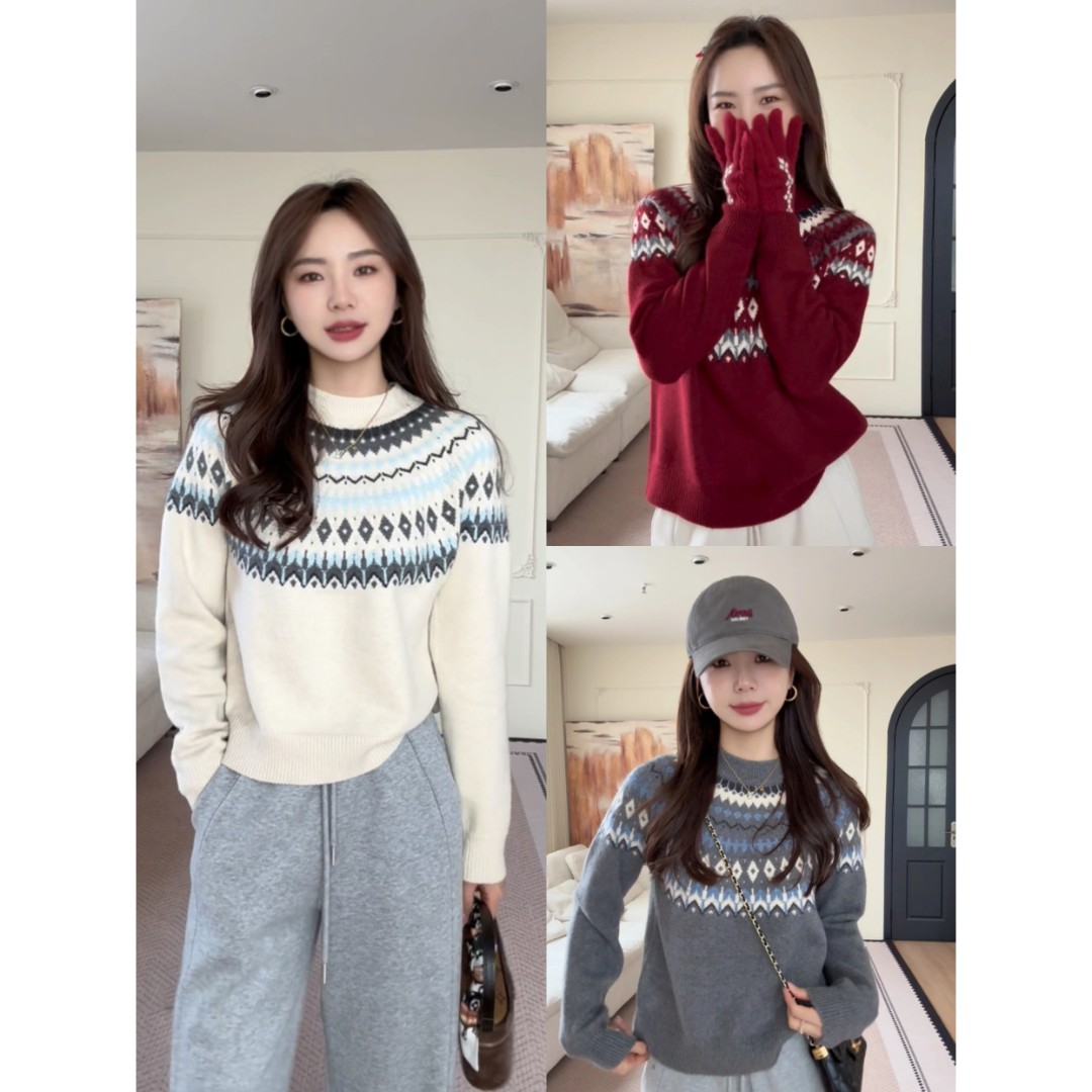 【余欢欢】冬季休闲百搭费尔岛圆领毛衣针织衫-YHW51255