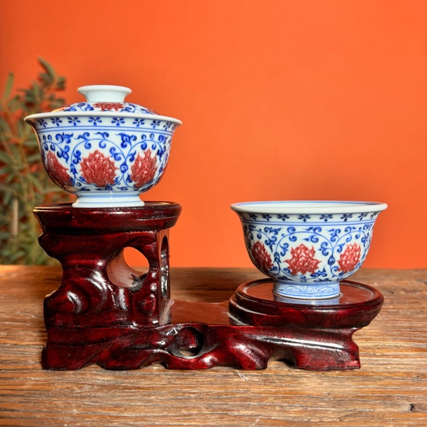 老春同款仿永乐缠枝莲青花釉里红大号中式复古釉下彩两件套茶具