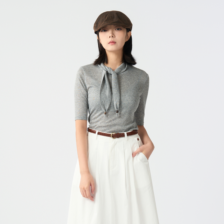 西町村屋文艺简约绑带打底女2025秋季新款百搭中领小衫XHAC10581