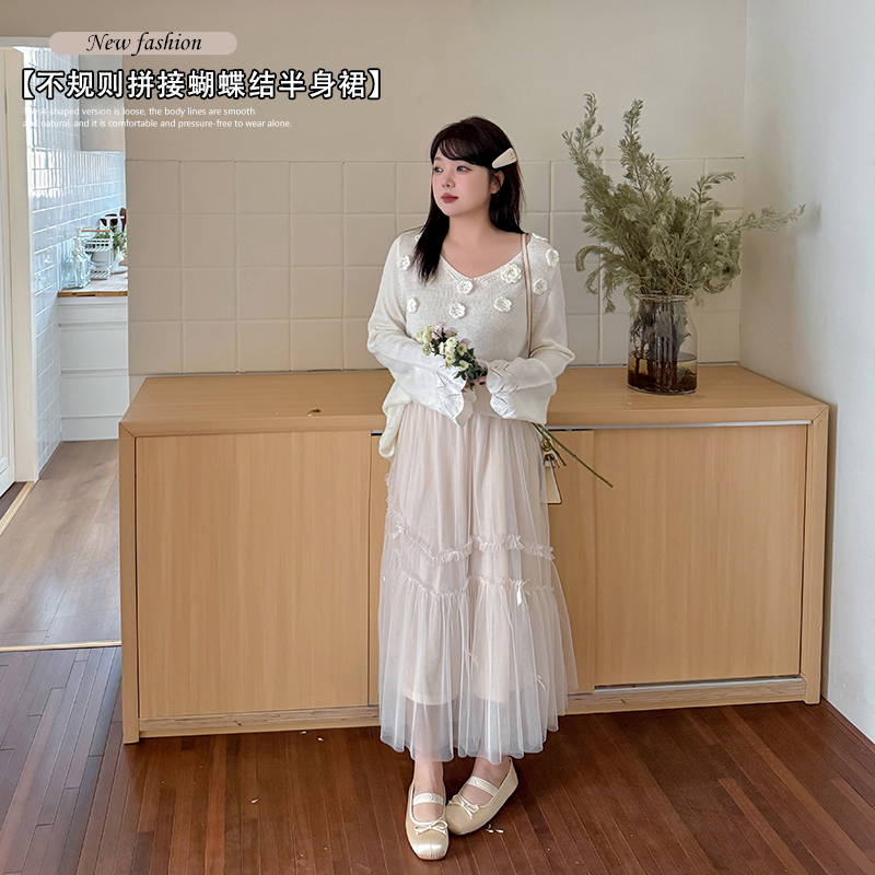 【涵胖胖】*清春大码女装200斤胖mm不规则拼接蝴蝶结半身裙-L356
