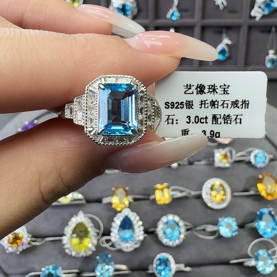 戒指托帕石银S925镶嵌3.0