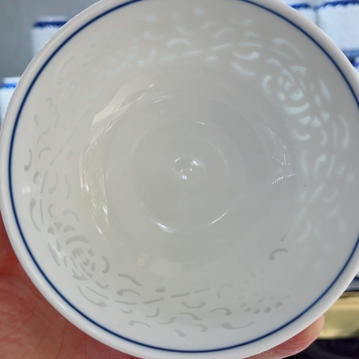 青花玲珑5寸饭碗满雕双福双线