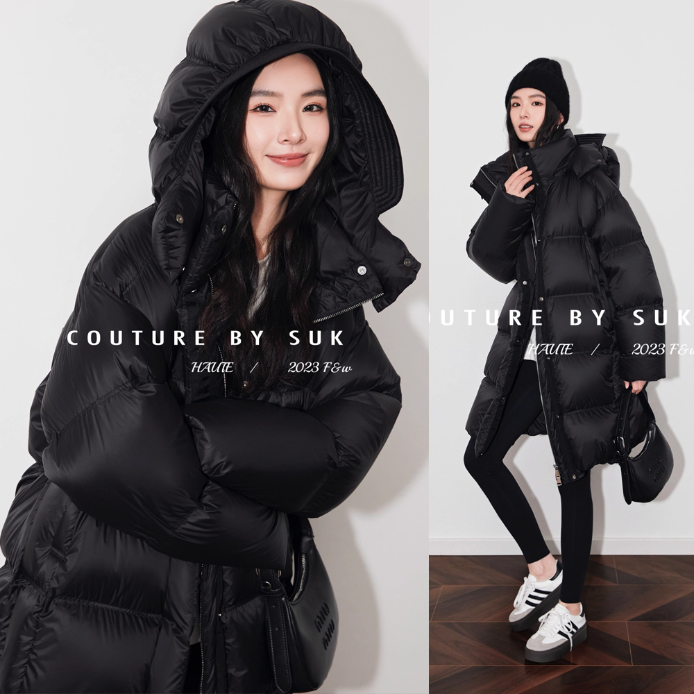 SUK花瓣帽90白鹅绒加厚保暖中长款气质百搭宽松羽绒服女SK3718