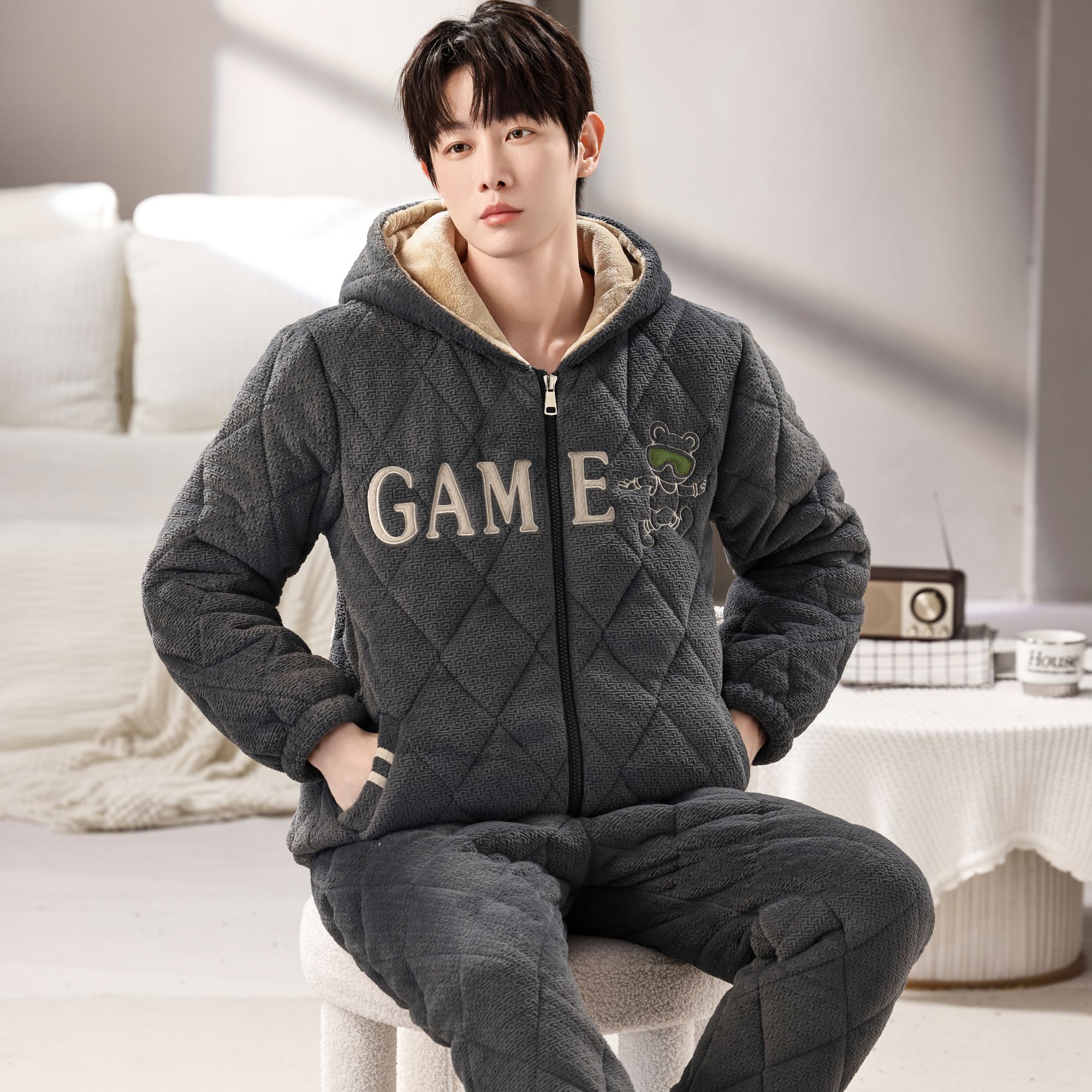 青年冬季连帽保暖睡衣家居服套装加大秋冬季冬款居家