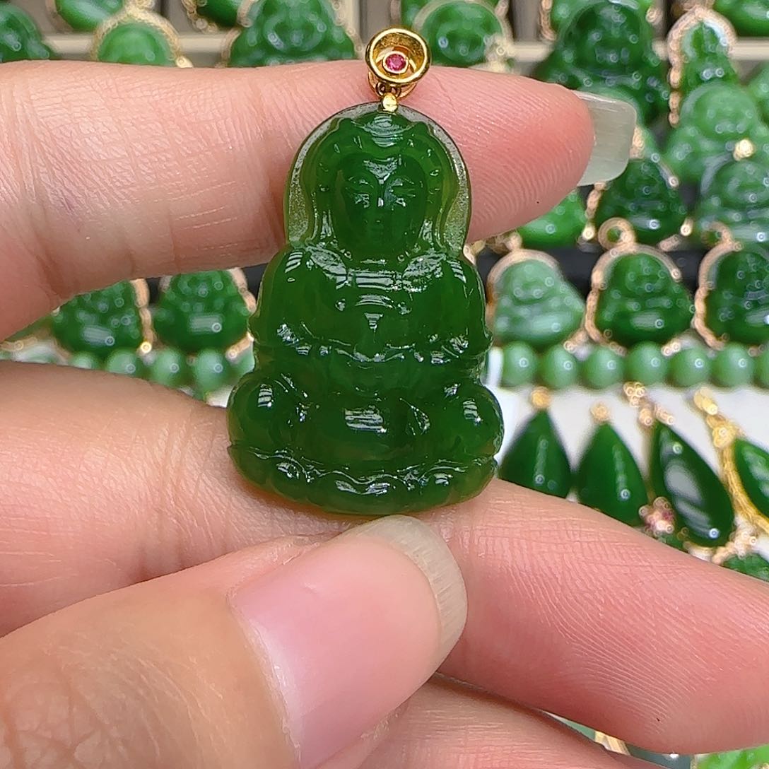 和田玉（碧玉）吊坠(不含链)18K金镶嵌