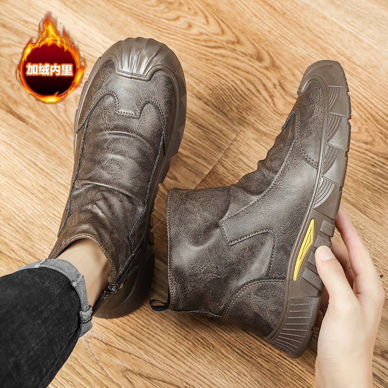 新款男鞋2025冬季加绒马丁靴复古亮面潮流休闲百搭高帮潮鞋RS55-1
