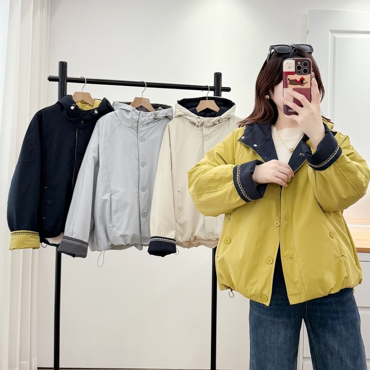 2025冬季加绒连帽新款棉服撞色韩系保暖外套女宽松时尚休闲棉衣