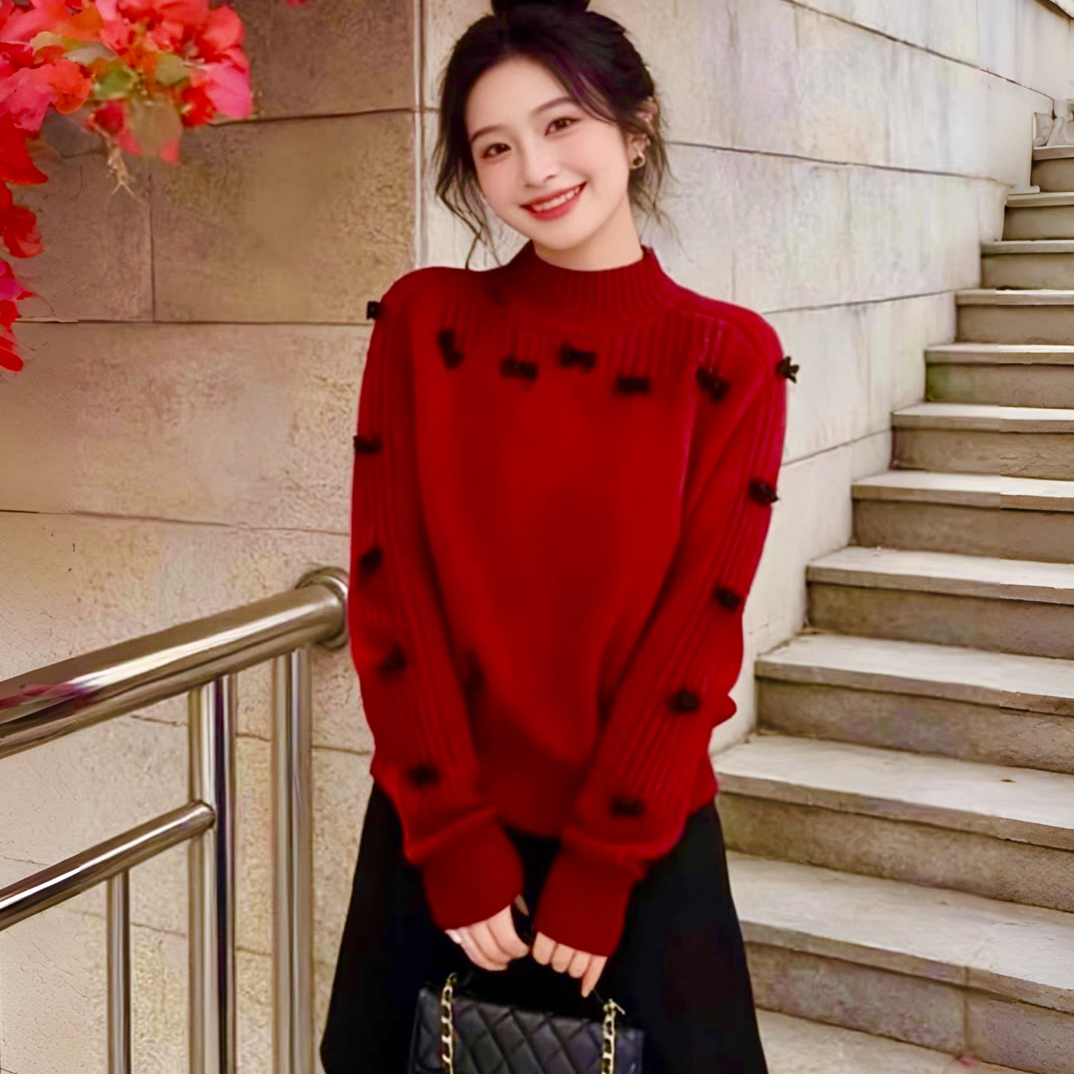 红色立体蝴蝶毛衣针织衫穿搭2025秋季新款毛衣洋气上衣女装