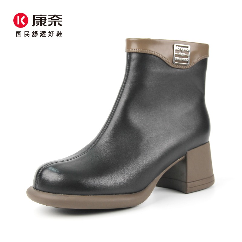  Kangnai/康奈58335专柜正品2025冬圆头羊皮时尚粗中跟加绒女短靴