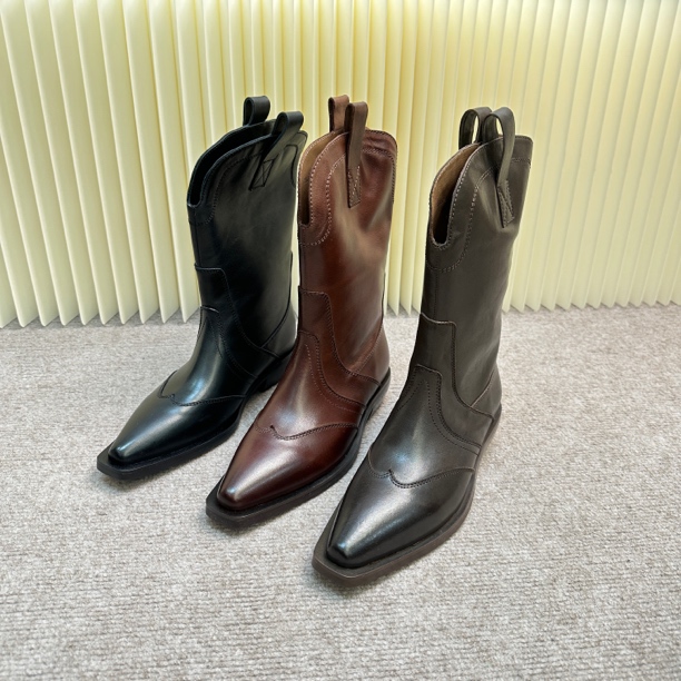 2026新年福利V口复古擦色马皮西部牛仔骑士风中筒女靴粗跟尖头