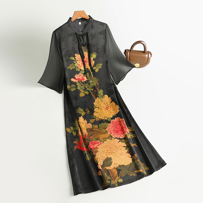 2025香云纱真丝旗袍改良款气质连衣裙