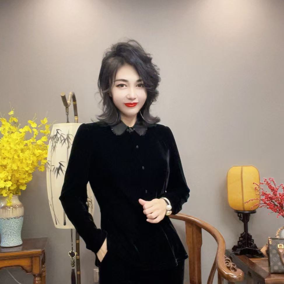 【峰姐甄选】串珠小扣丝绒衬衫8066【QJ】