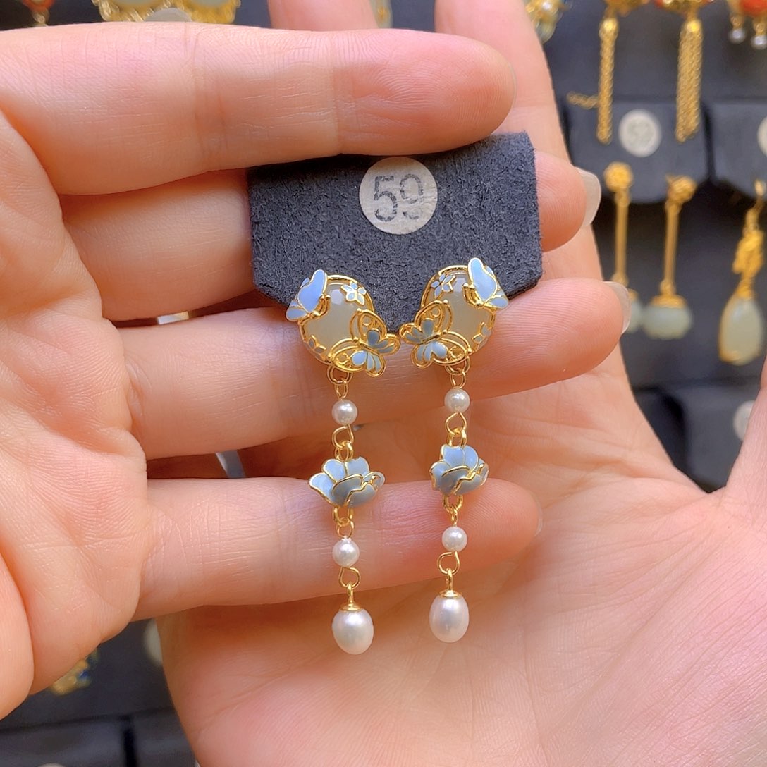 和田玉耳饰银S925镀金镶嵌