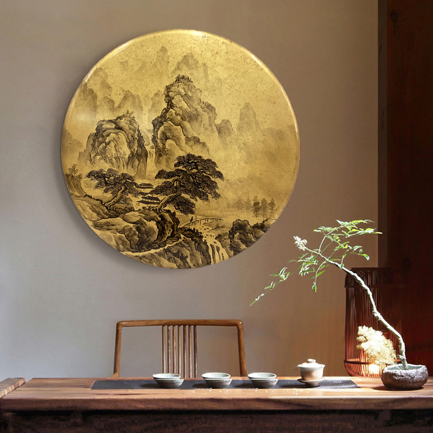 【本尼家】TS261新中式玄关客厅圆形装饰山水挂画直径80cm