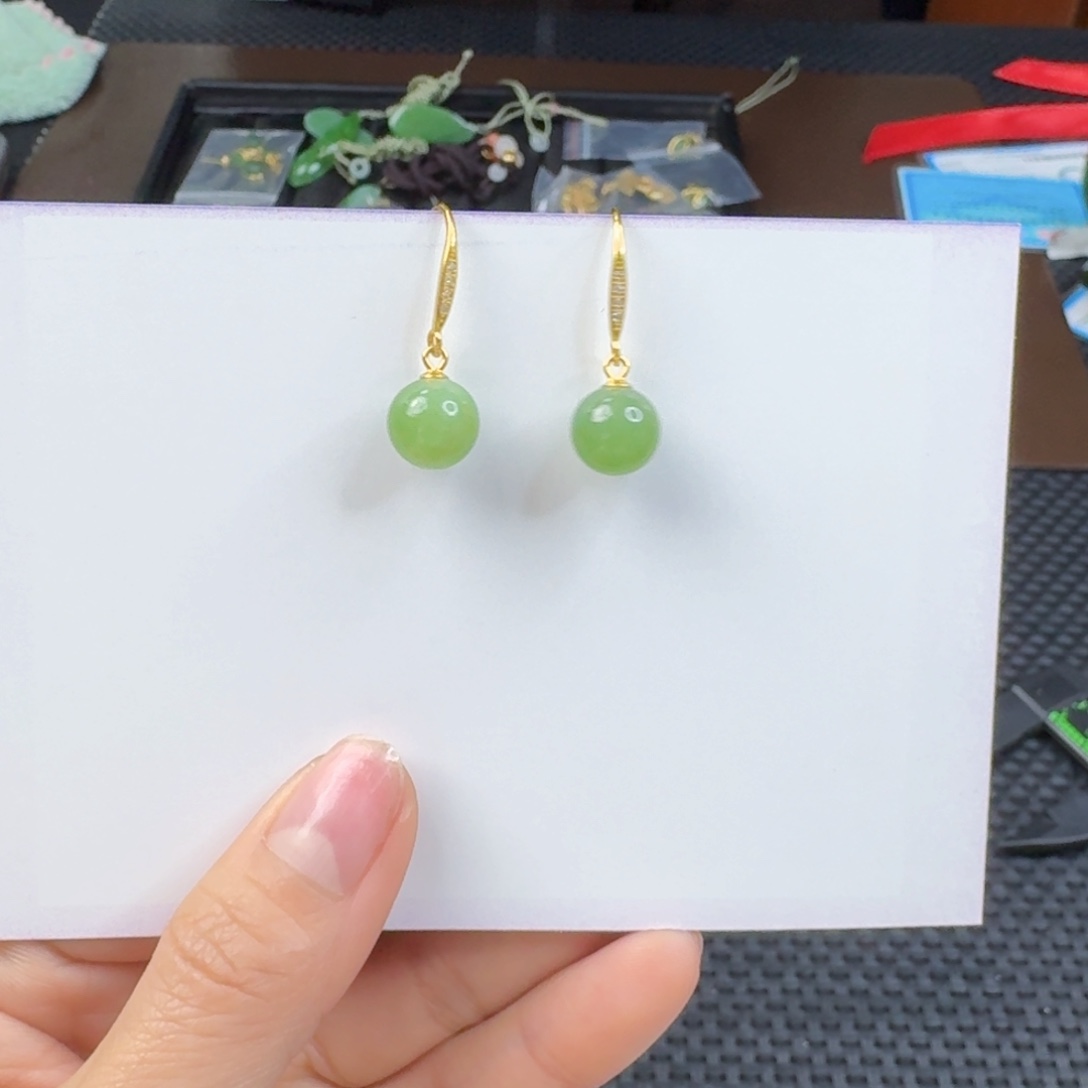 和田玉（碧玉）银S925镶嵌耳饰