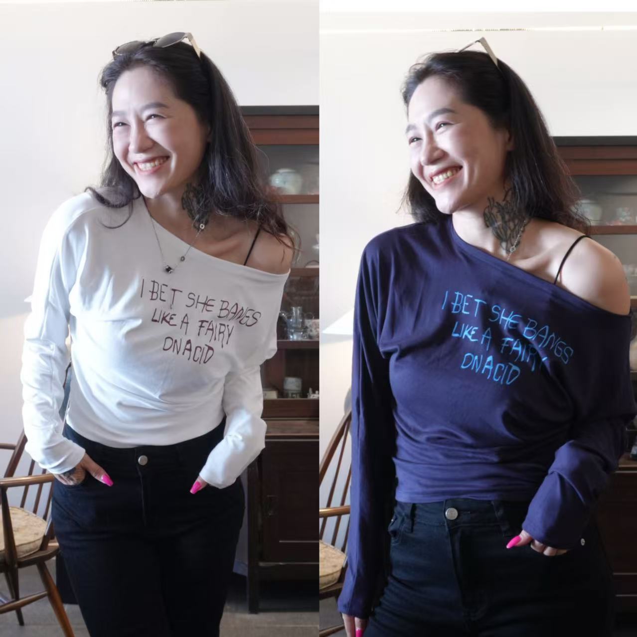 A7105字母图斜肩长袖T恤显瘦春秋百搭修身