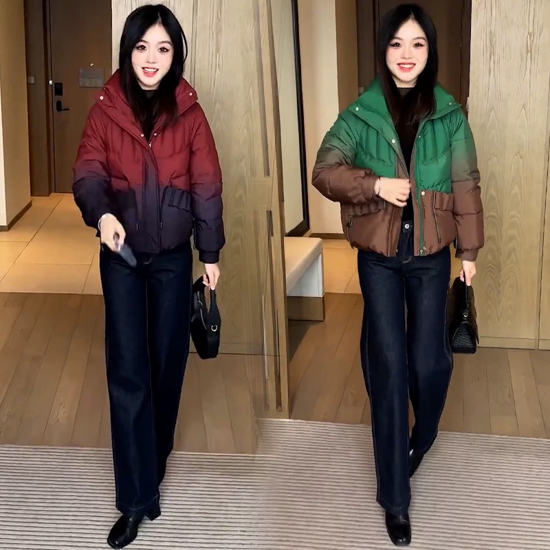 短款棉服女2025冬季新款洋气显瘦小个子渐变色保暖外套潮潮流面试