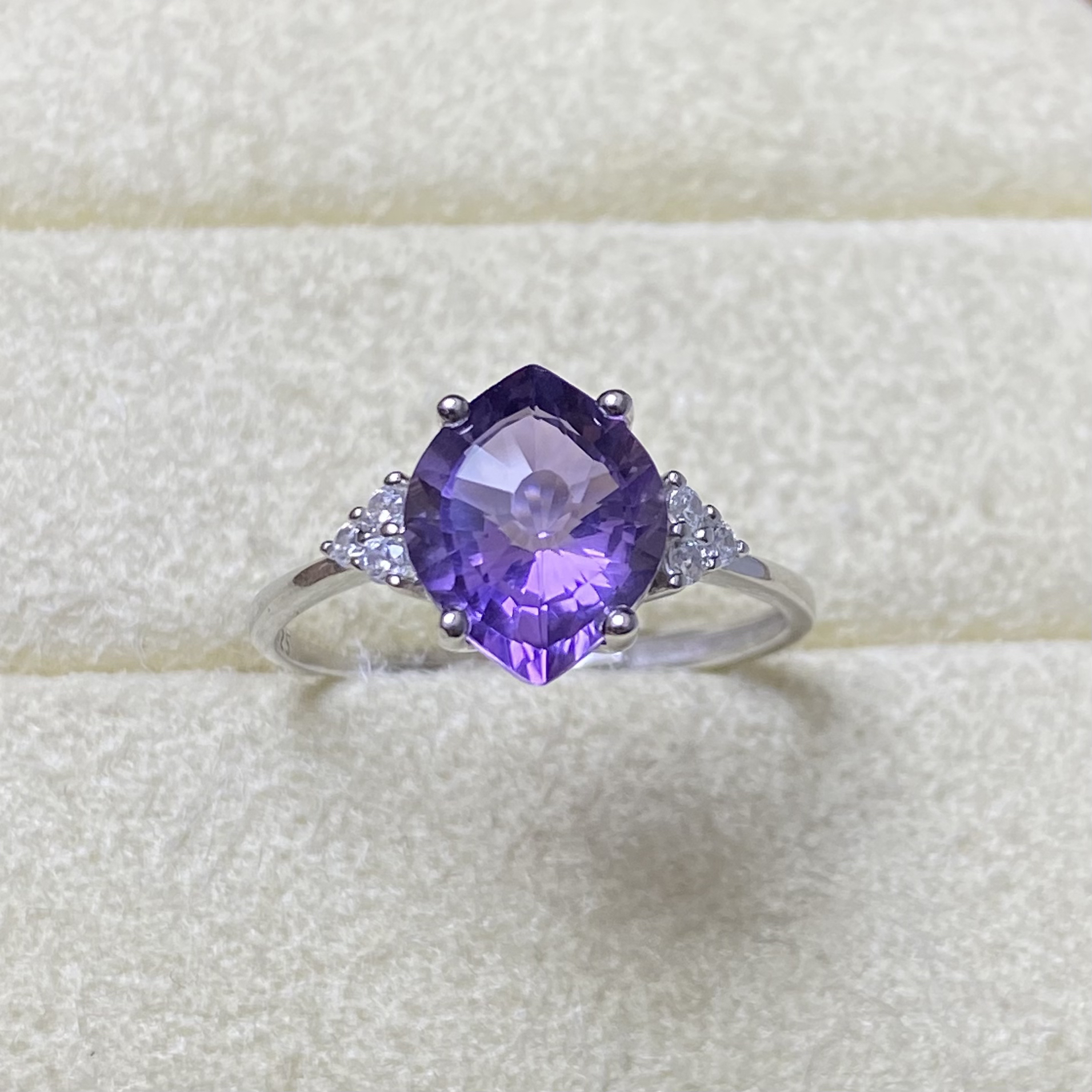 马眼戒指天然紫水晶s925银主石8*10mm简约大方设计小众开口女戒A