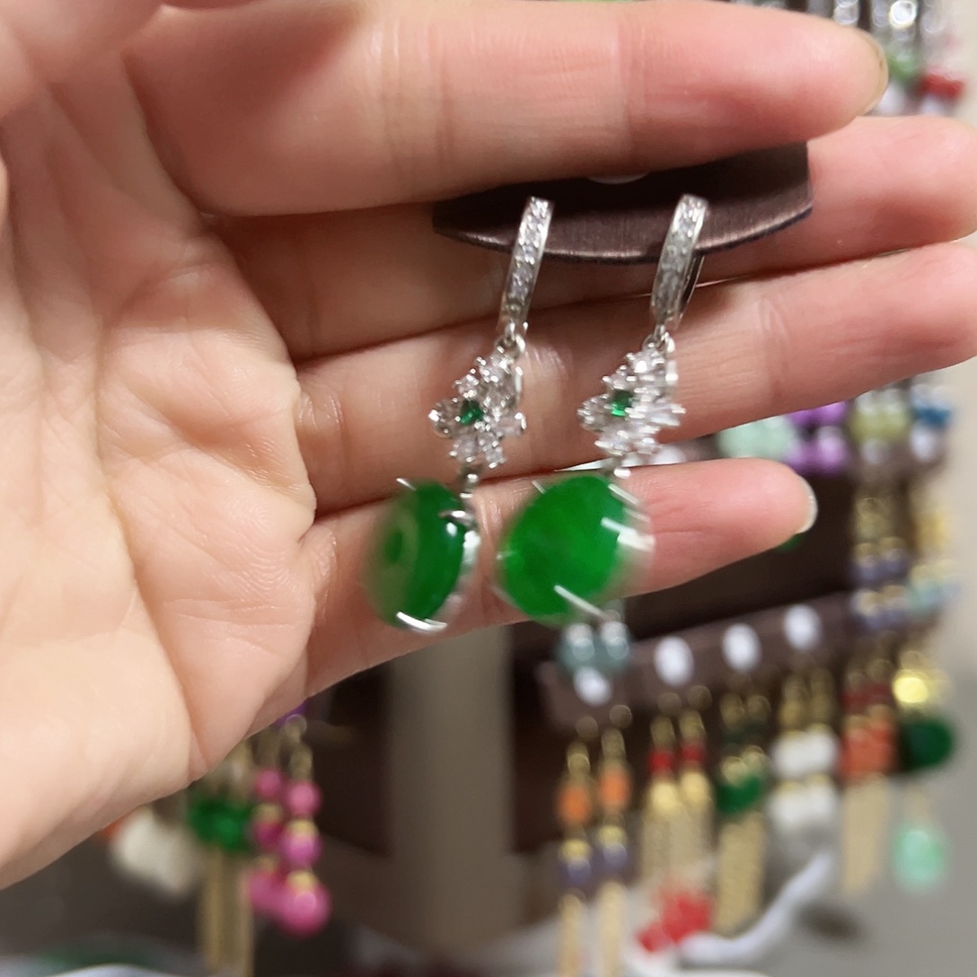 银S925镶嵌耳钉玛瑙/玉髓绿色