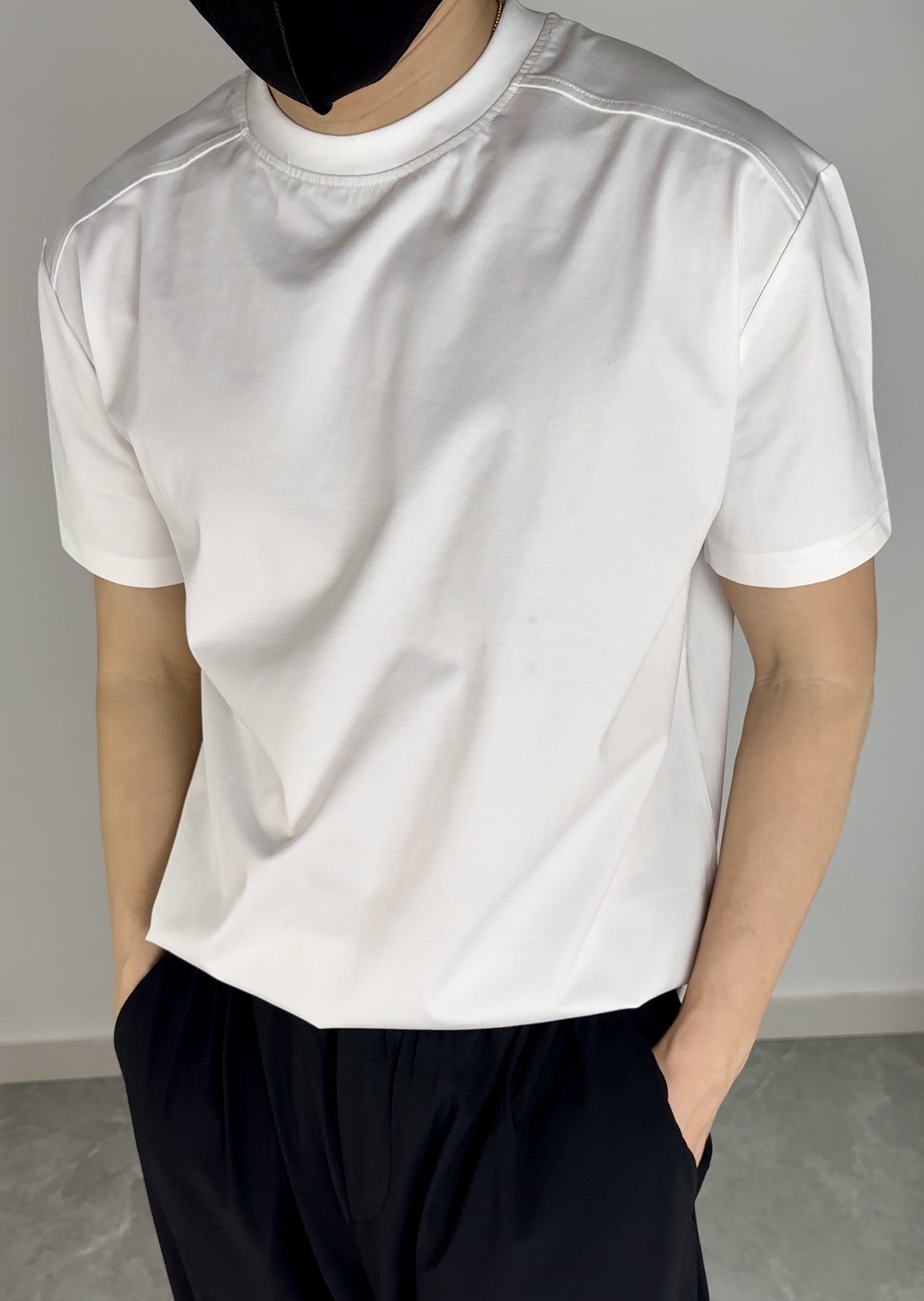 50支Supima+Sorona凉感匹马长绒棉正肩窄袖纯色Boxy短袖T恤男