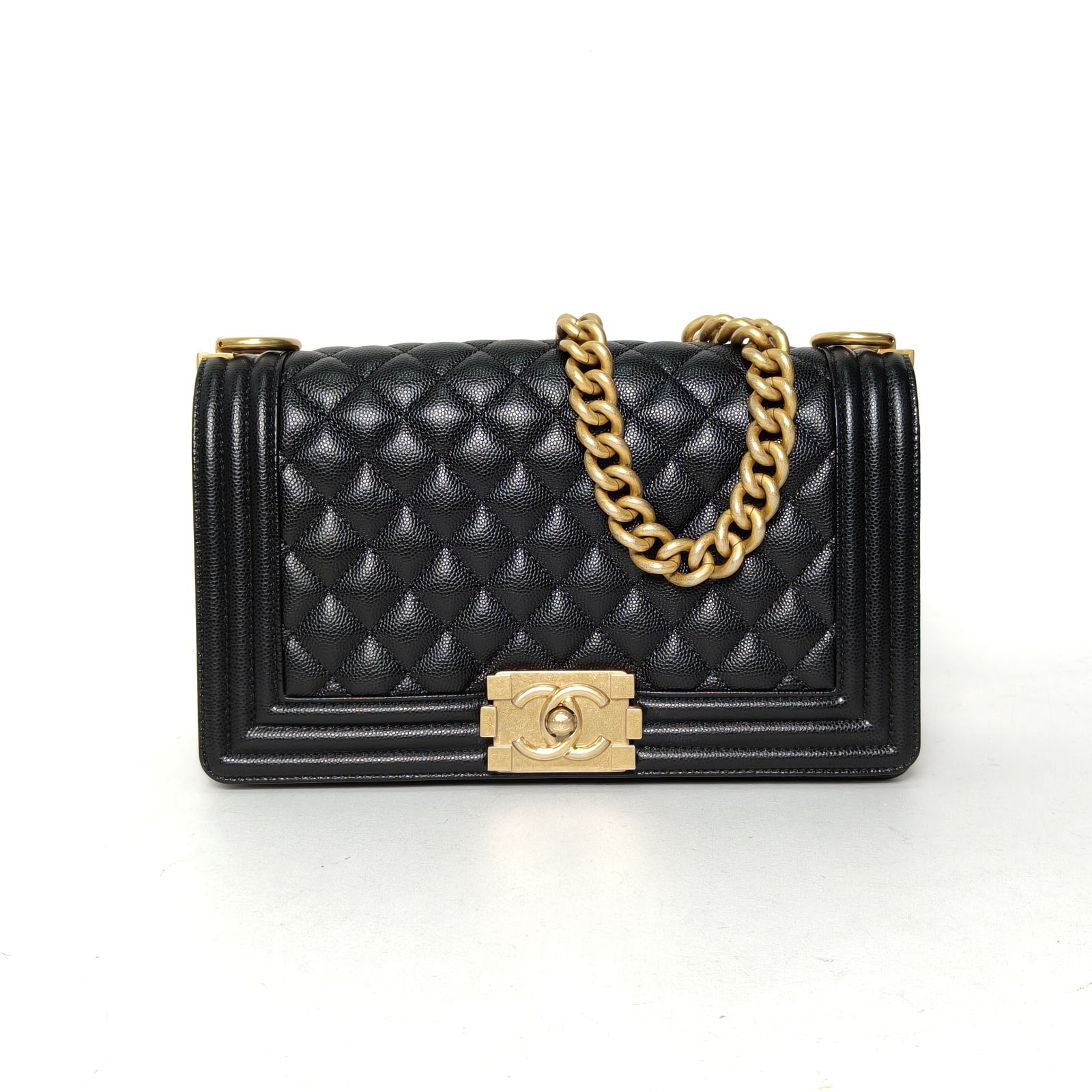 95新 Chanel/香奈儿 黑黑 Leboy 中号 黑色 29开 金扣 菱格纹