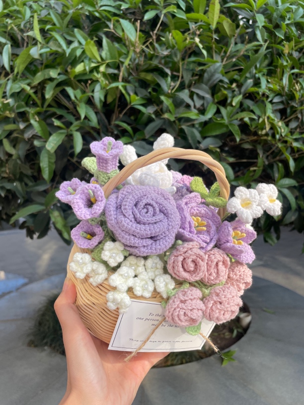 韩系手工钩织永生花紫色系手提花篮女生生日新婚礼物