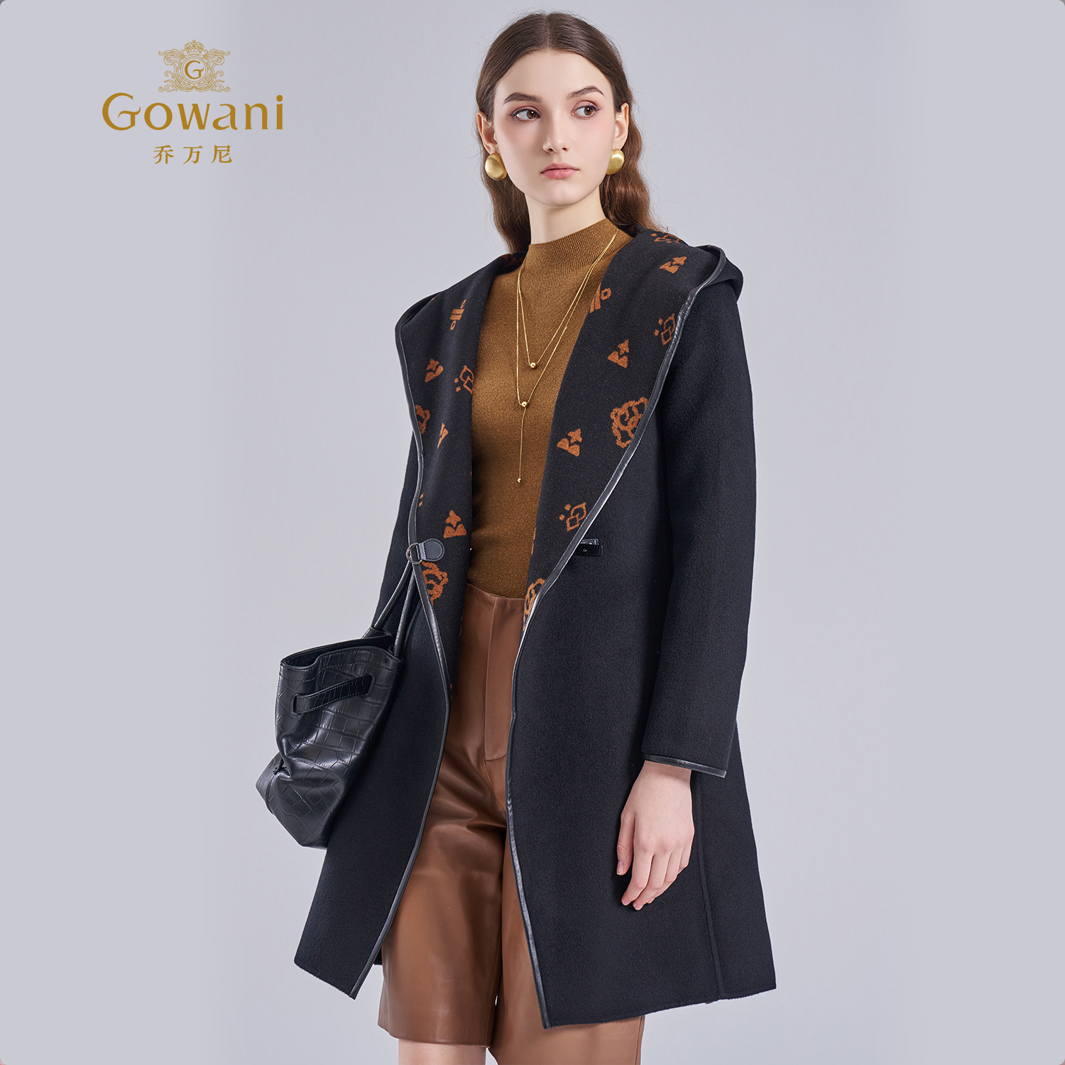 乔万尼双面呢连帽绵羊毛大衣长款黑色重工设计感毛呢外套ES4A447