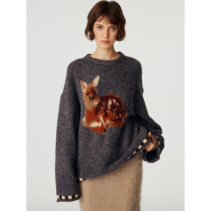 TDDP“丛林小鹿”羊毛 提花套头圆领毛衣女秋冬加厚设计感针织衫