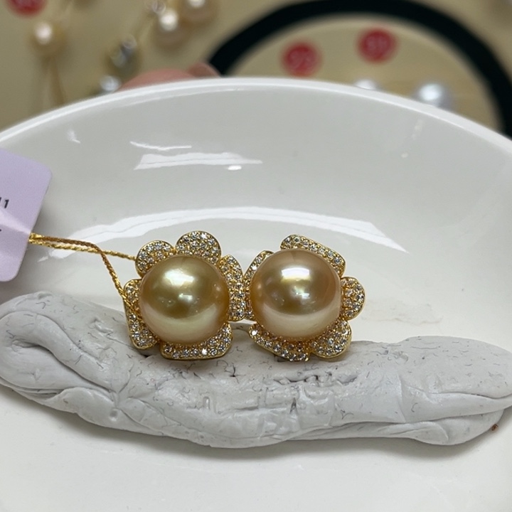 耳饰银S925镶嵌海水珍珠金珠11-12mm145