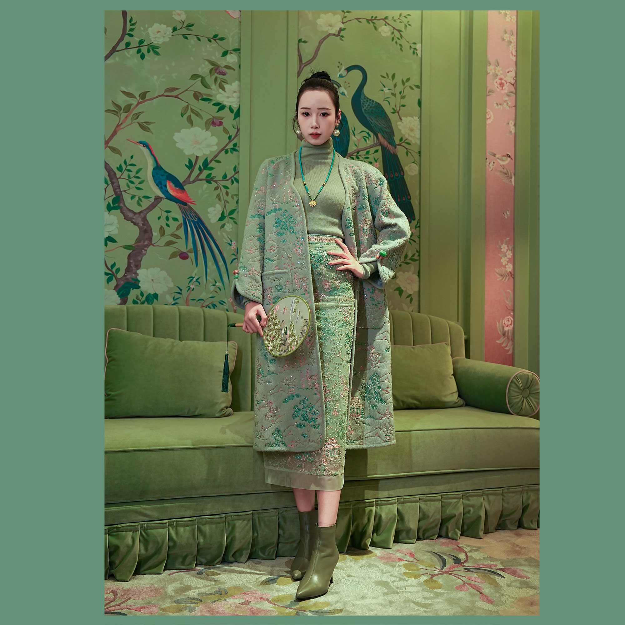 XIANPIN/鲜品【吉祥如意】羊毛绣花大衣三件套（大衣羊毛绣花裙毛衣）