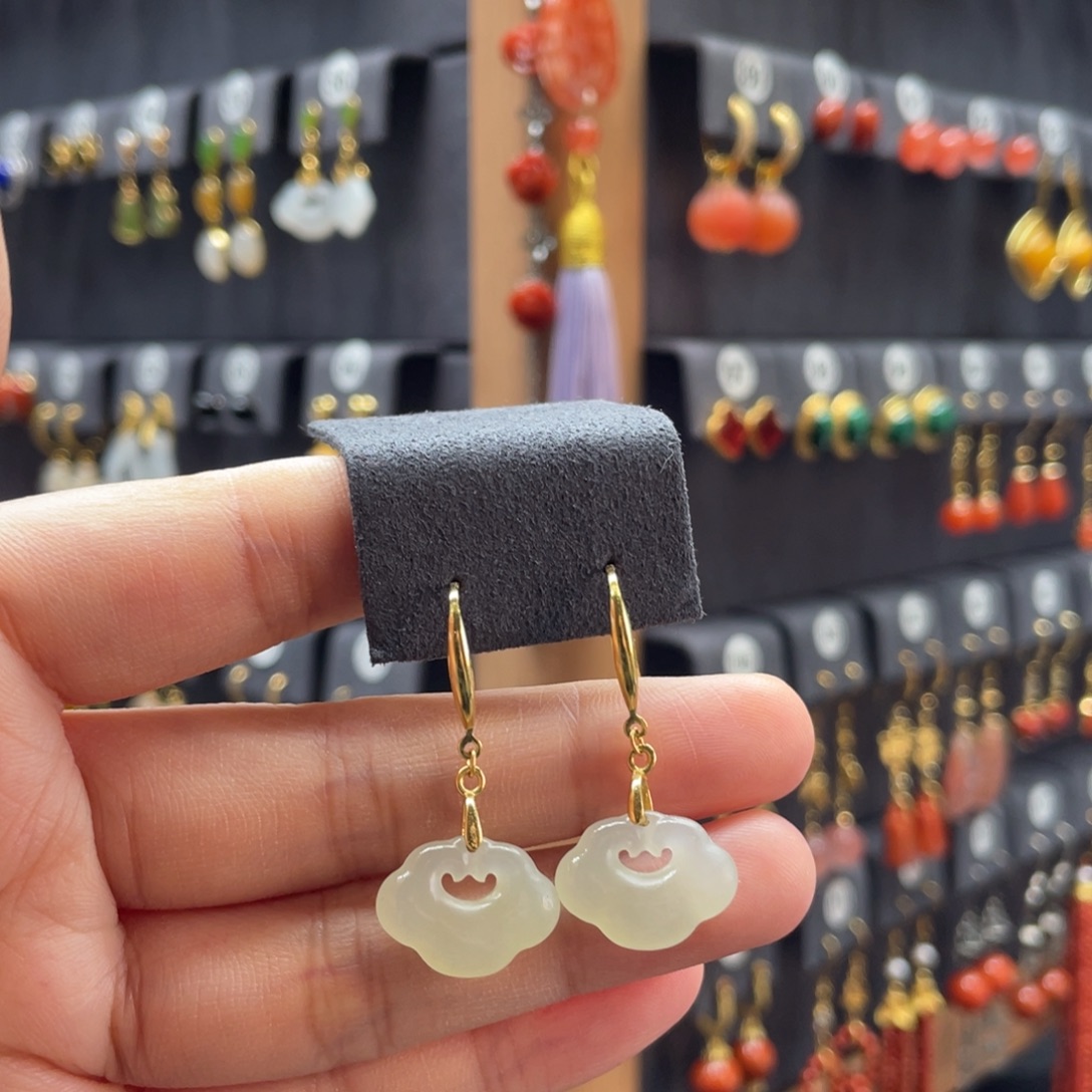 和田玉银S925镶嵌耳饰0520号