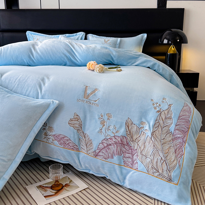 【家大业大】蓝绣花加厚蚕宝宝绒四件套刺绣牛奶绒被套大床单枕套