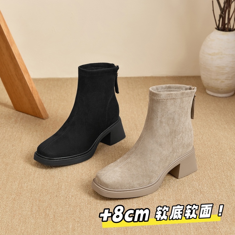 8公分新款秋冬季短靴女黑色弹力休闲瘦瘦靴女百搭加绒小个子靴女