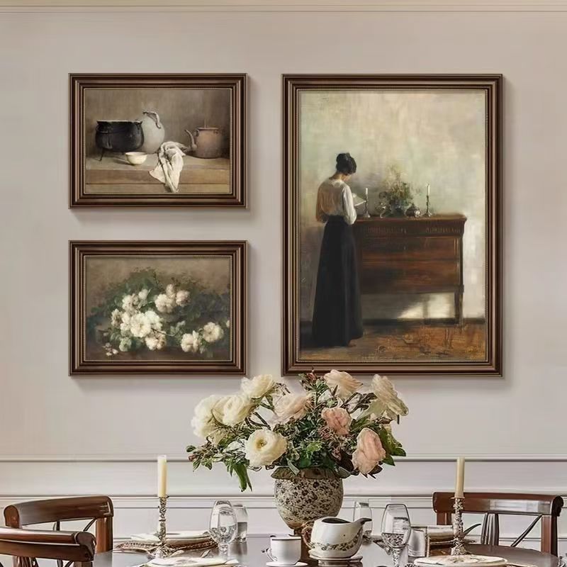 宋式美学组合装饰画法式风《读书女子与静物花卉》餐卧室挂画SL001
