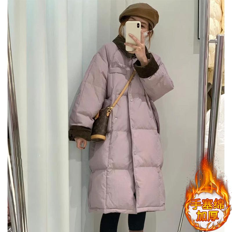 2024冬季新款时尚拼色中长款翻领棉服女士洋气小个子保暖棉衣外套